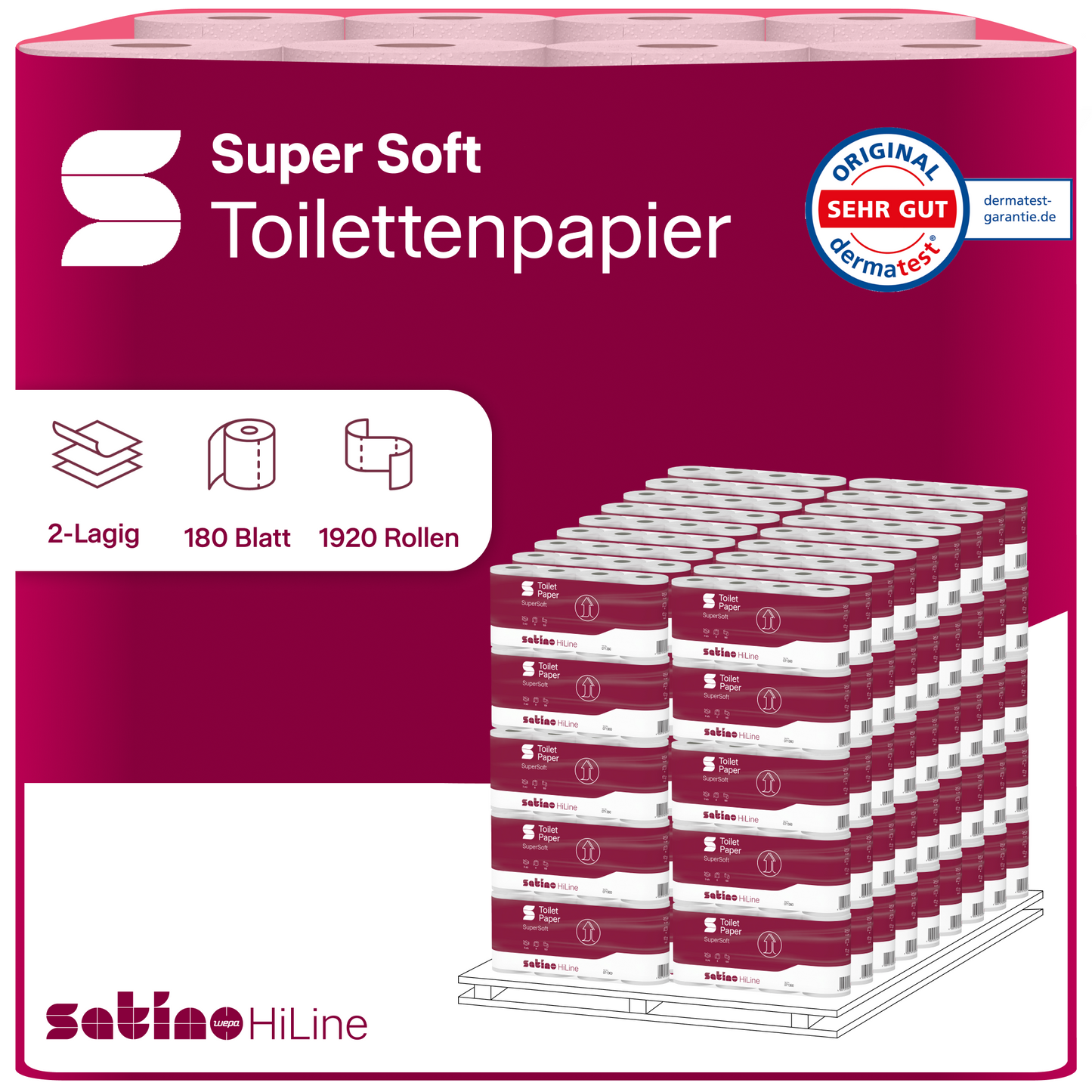 HiLine Toilettenpapier 2-lagig – 64 Rollen à 180 Blatt
