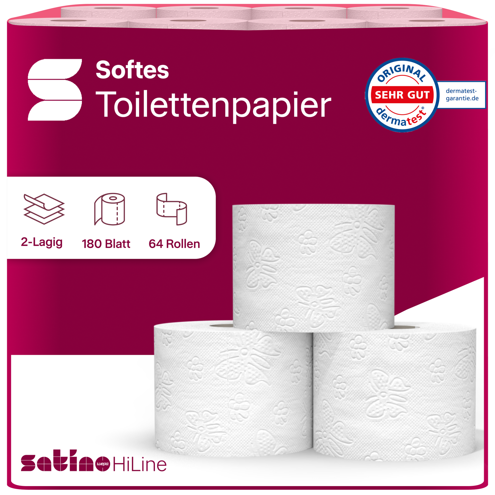 HiLine Toilettenpapier 2-lagig – 64 Rollen à 180 Blatt – Art. 062771