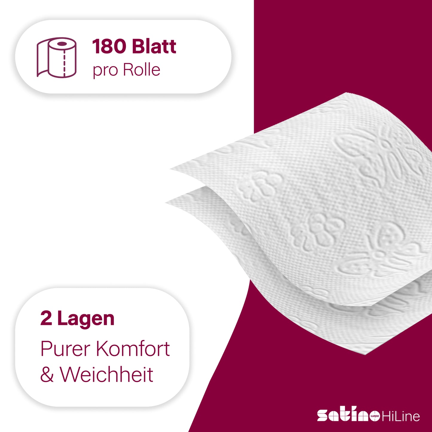 HiLine Toilettenpapier 2-lagig – 64 Rollen à 180 Blatt
