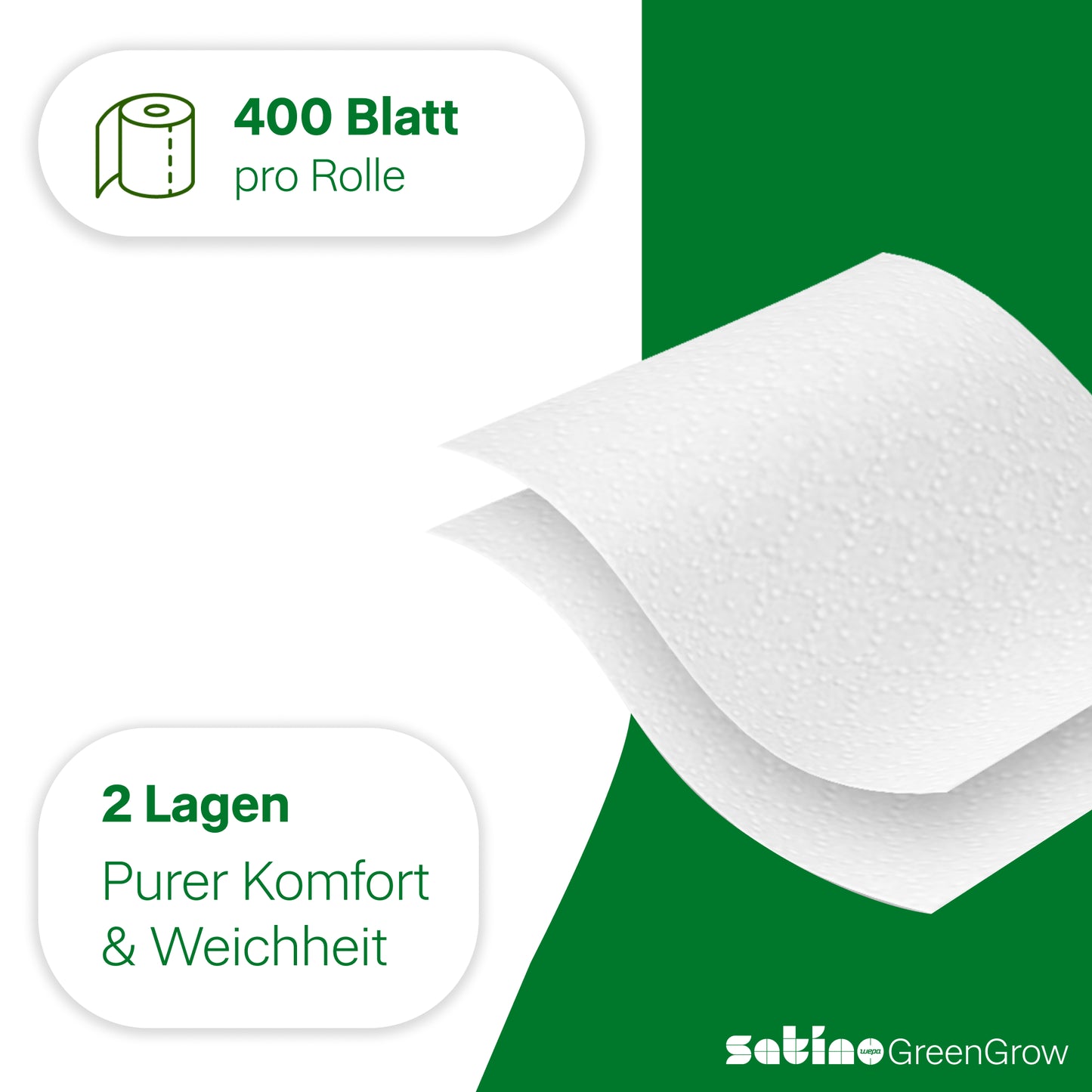 GreenGrow Toilettenpapier 2-lagig – 40 Rollen à 400 Blatt