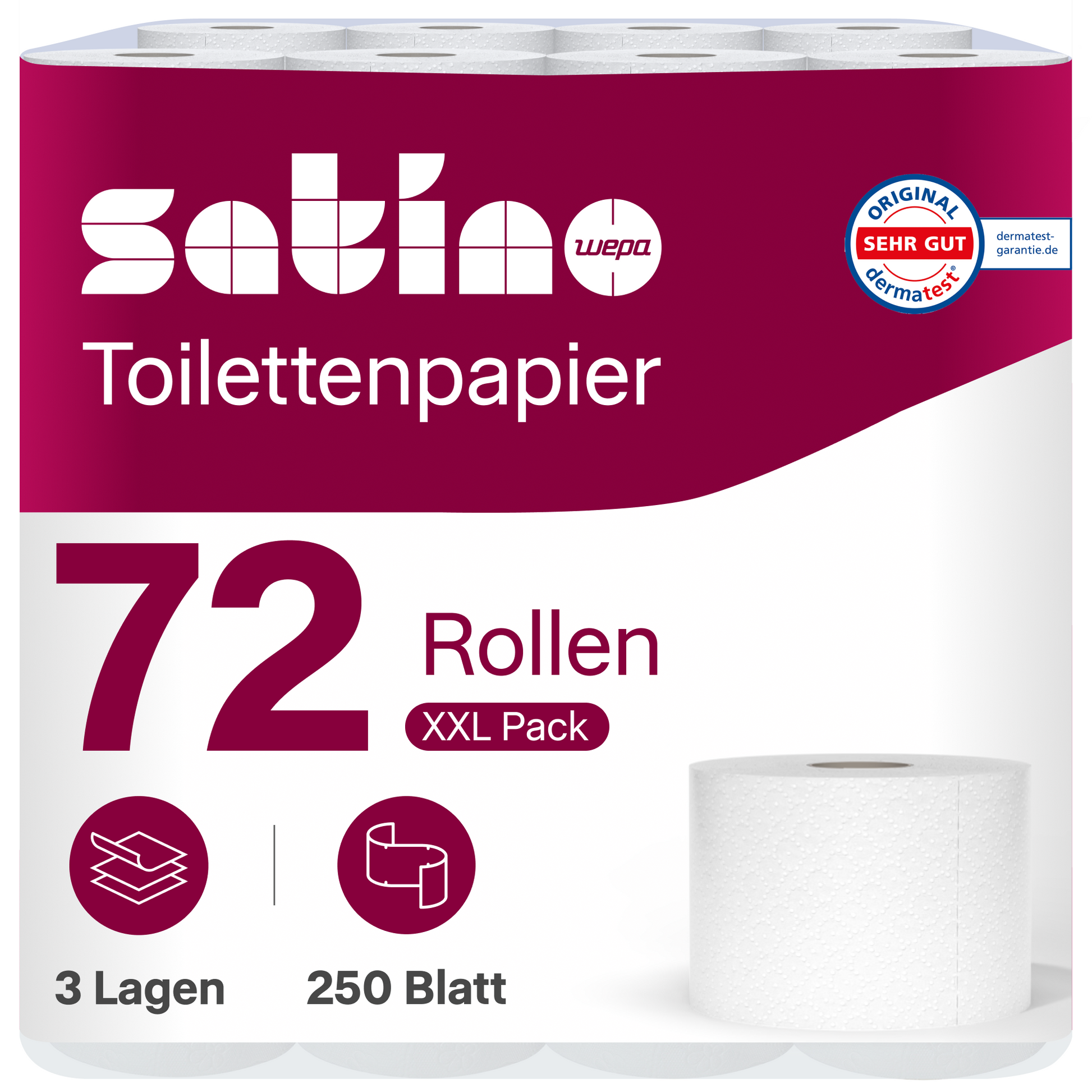 HiLine Toilettenpapier 3-lagig – 72 Rollen à 250 Blatt – Waffelprägung – Art. 071321