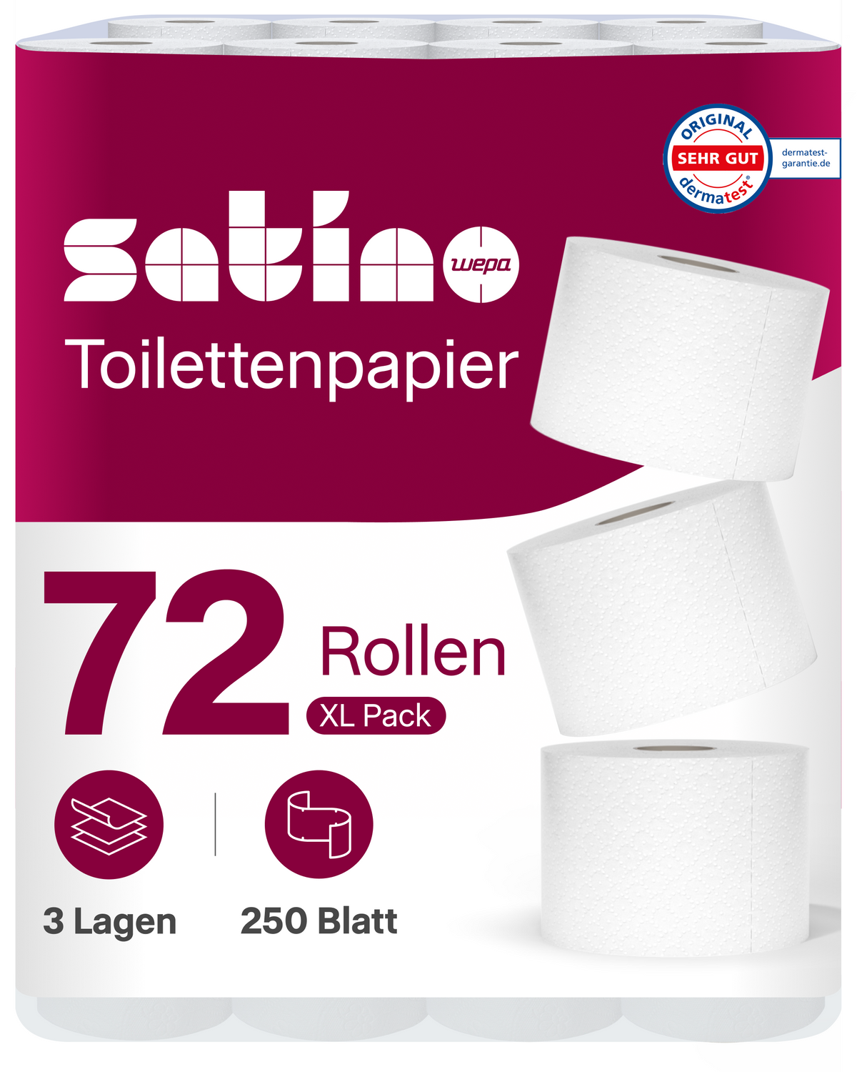 HiLine Toilettenpapier 3-lagig – 72 Rollen à 250 Blatt – Waffelprägung