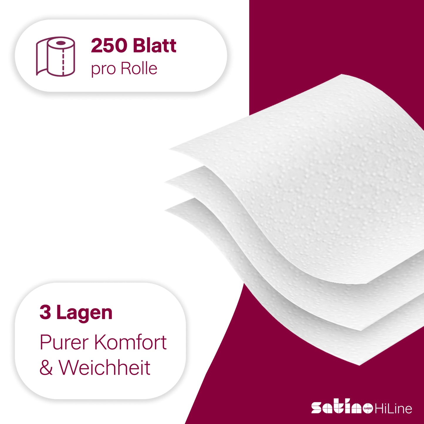 HiLine Toilettenpapier 3-lagig – 72 Rollen à 250 Blatt – Waffelprägung