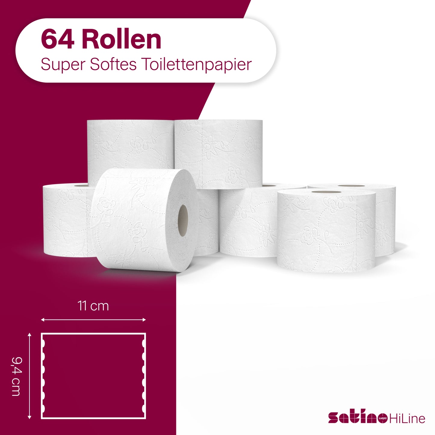 HiLine Toilettenpapier 3-lagig – 64 Rollen à 250 Blatt