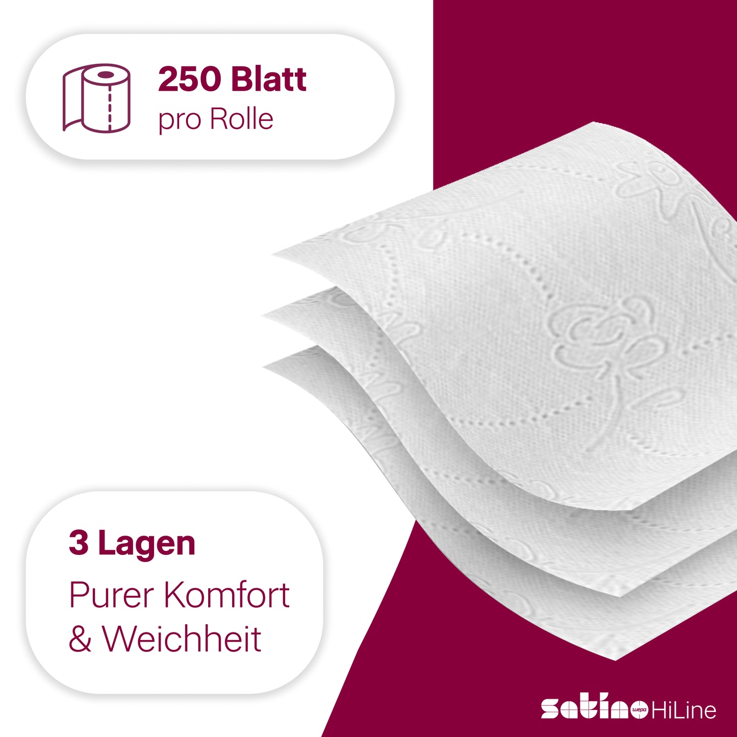 HiLine Toilettenpapier 3-lagig – 64 Rollen à 250 Blatt