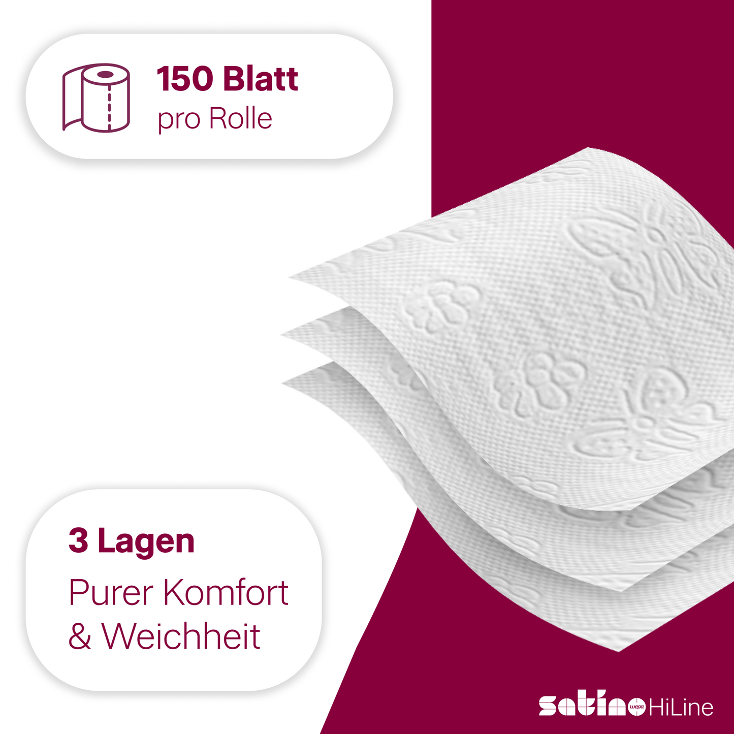 HiLine Toilettenpapier 3-lagig – 64 Rollen à 150 Blatt