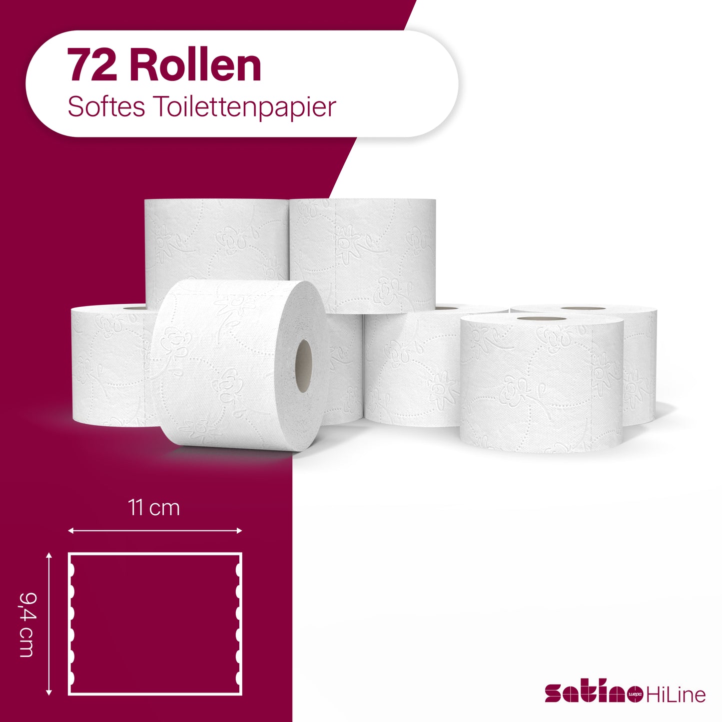 HiLine Toilettenpapier 3-lagig – 72 Rollen à 250 Blatt – Blumenprägung