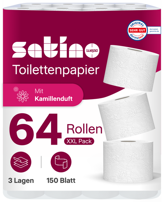 HiLine Toilettenpapier Kamille 3-lagig – 64 Rollen à 150 Blatt