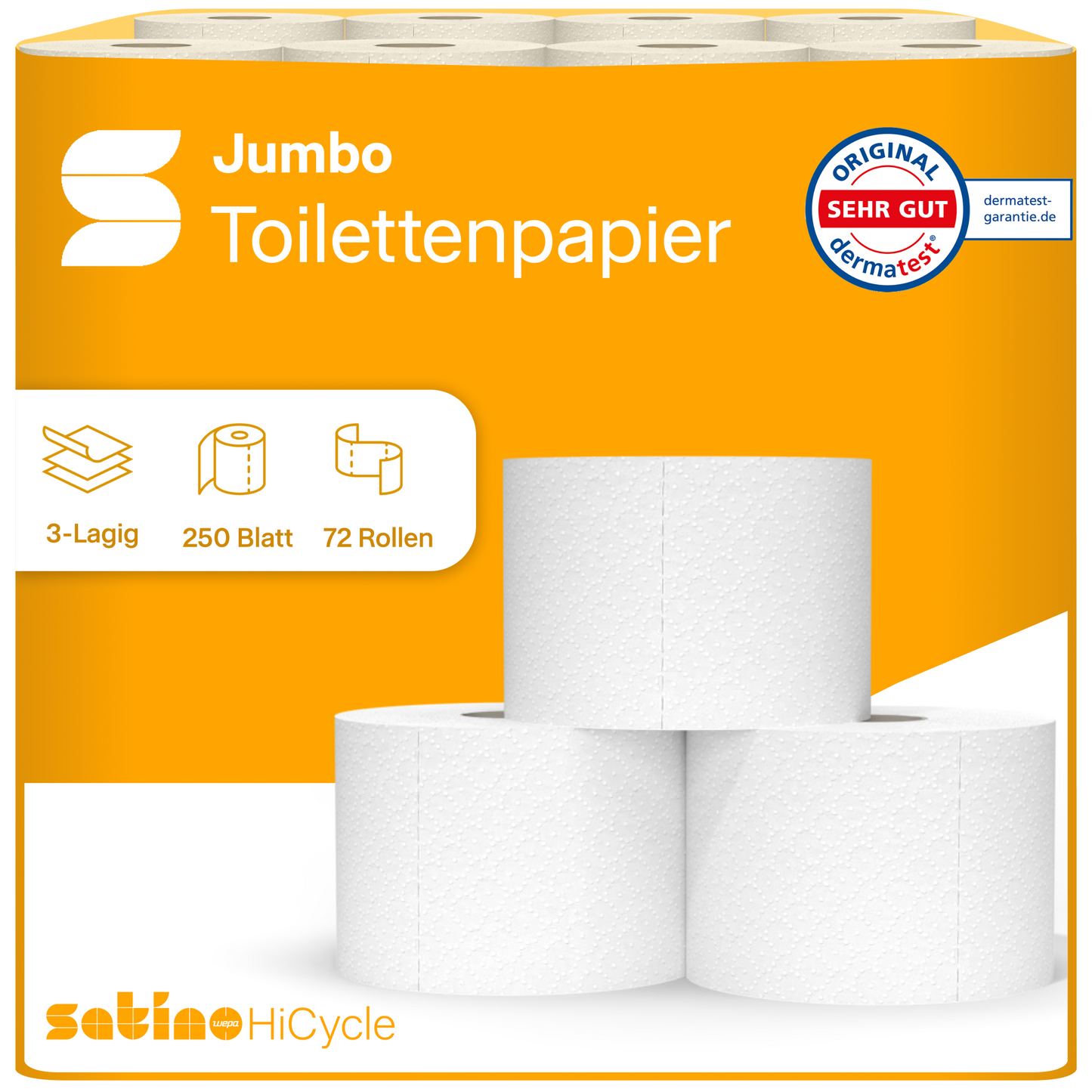 HiCycle Toilettenpapier 3-lagig – 72 Rollen à 250 Blatt – Art. 082501