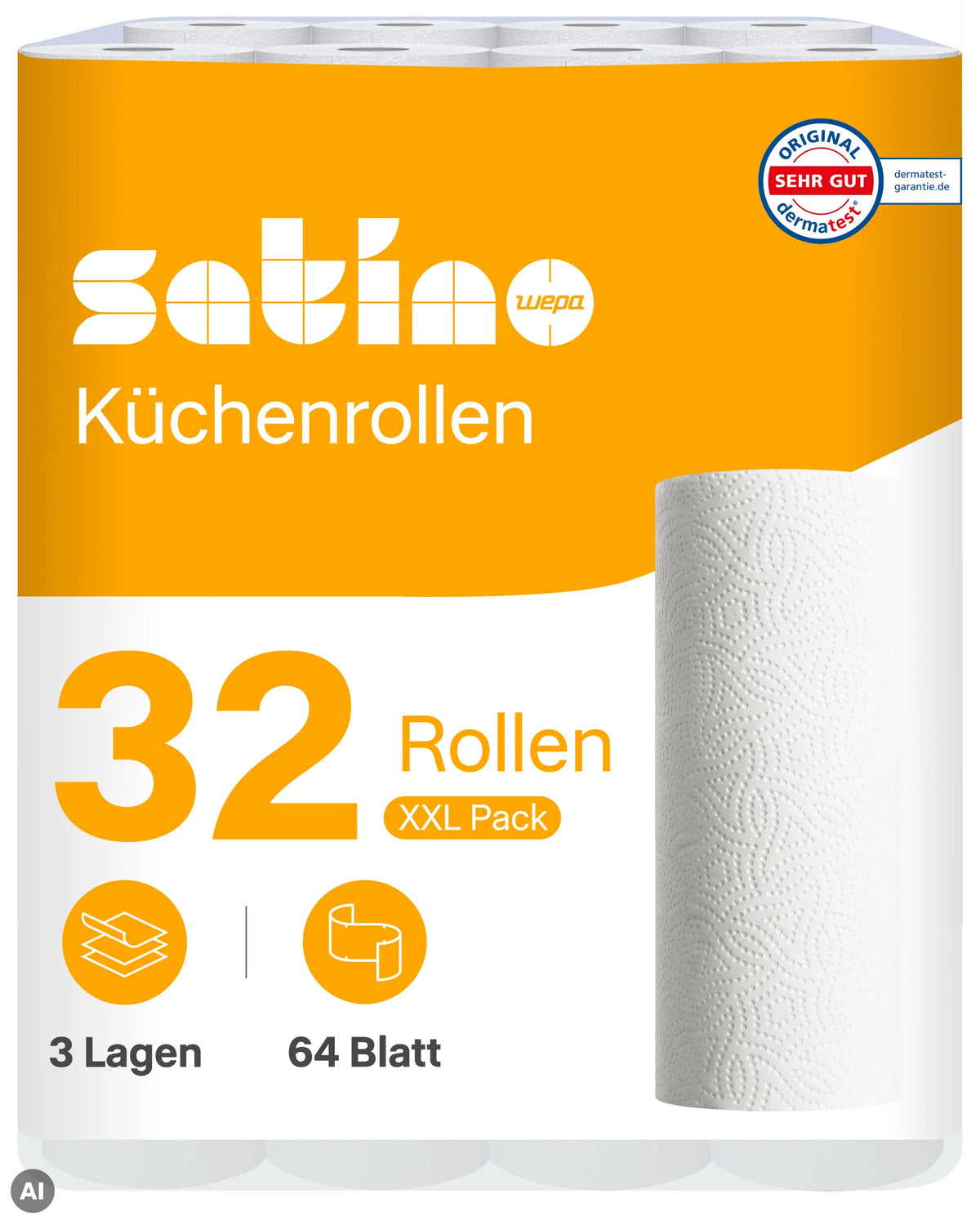 HiCycle Küchenrollen 3-lagig – 32 Rollen à 64 Blatt