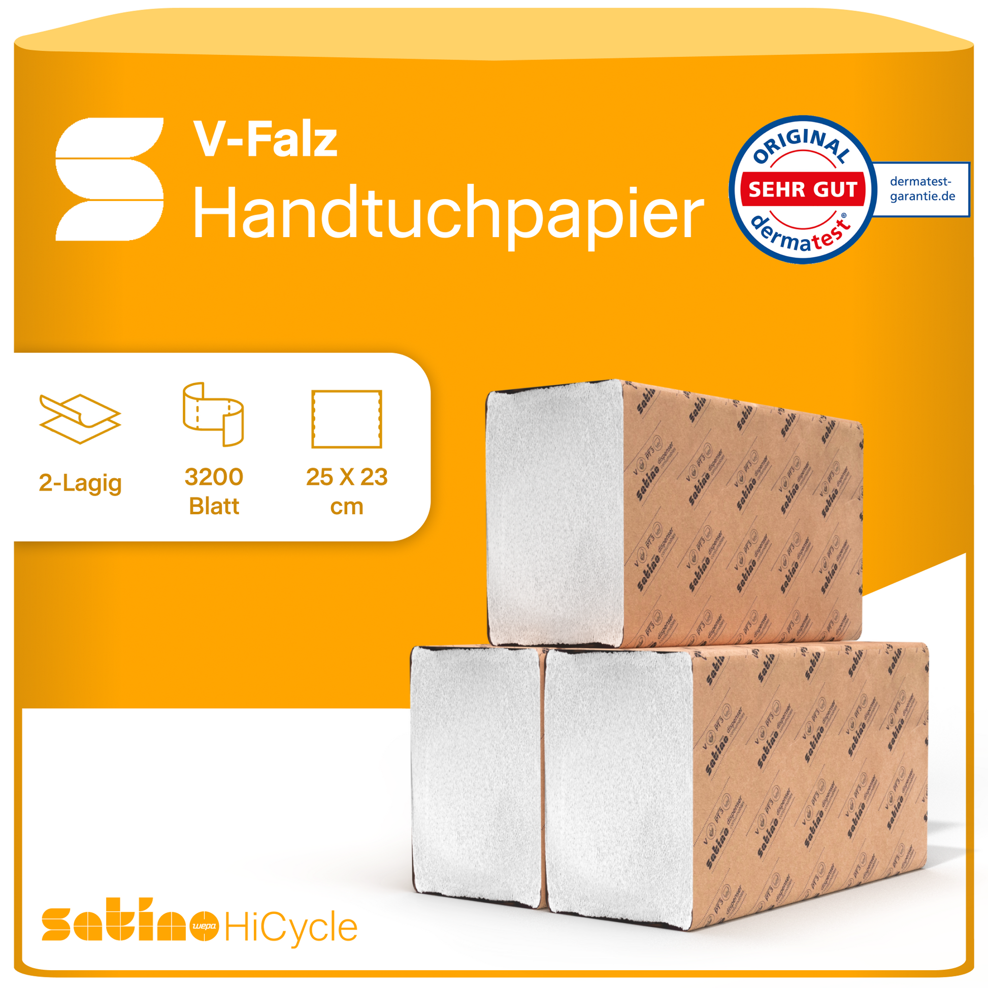 HiCycle Papierhandtücher V-Falz weiß 2-lagig – 3.200 Blatt – 25 × 23 cm – Art. 278511