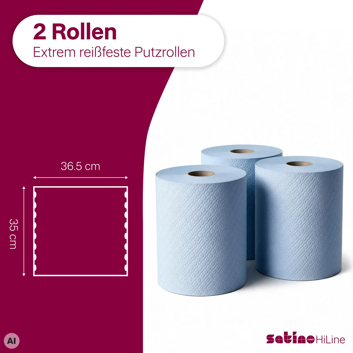 HiLine Putzrollen blau 2-lagig – 2 Rollen à 1.000 Blatt – 36,5 × 35 cm