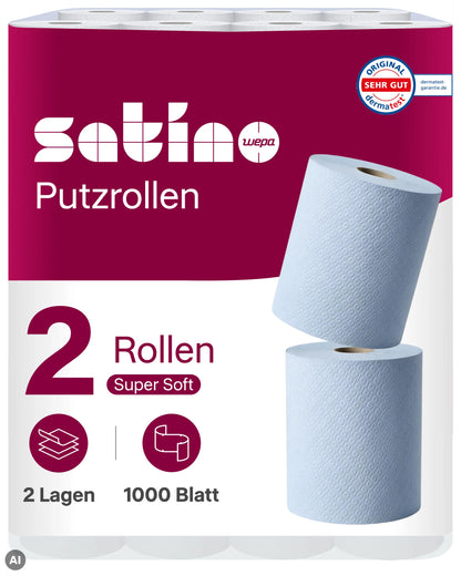 HiLine Putzrollen blau 2-lagig – 2 Rollen à 1.000 Blatt – 36,5 × 35 cm