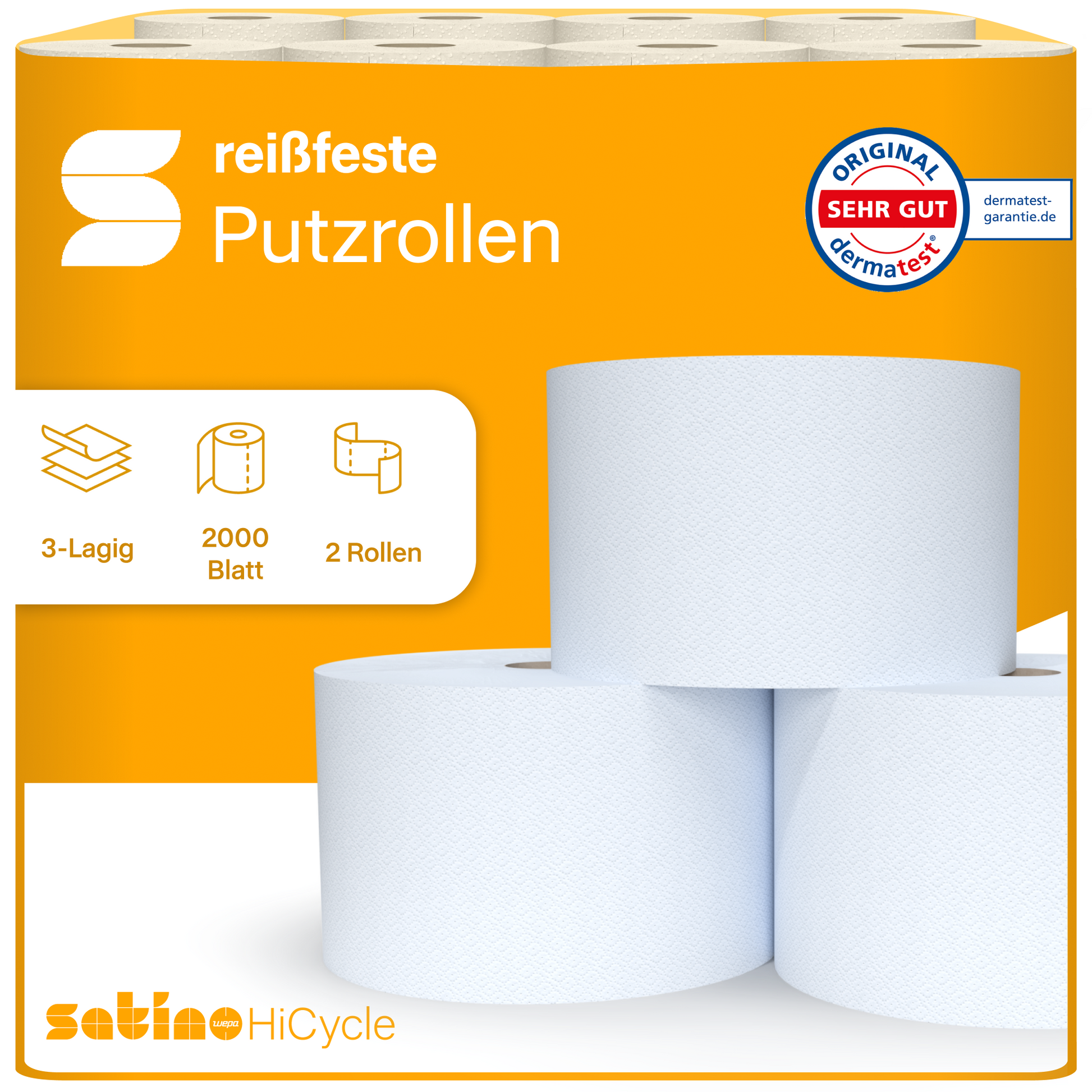 HiCycle Putzrollen 3-lagig – 2 Rollen à 1.000 Blatt – 23 × 35 cm – Art. 319231