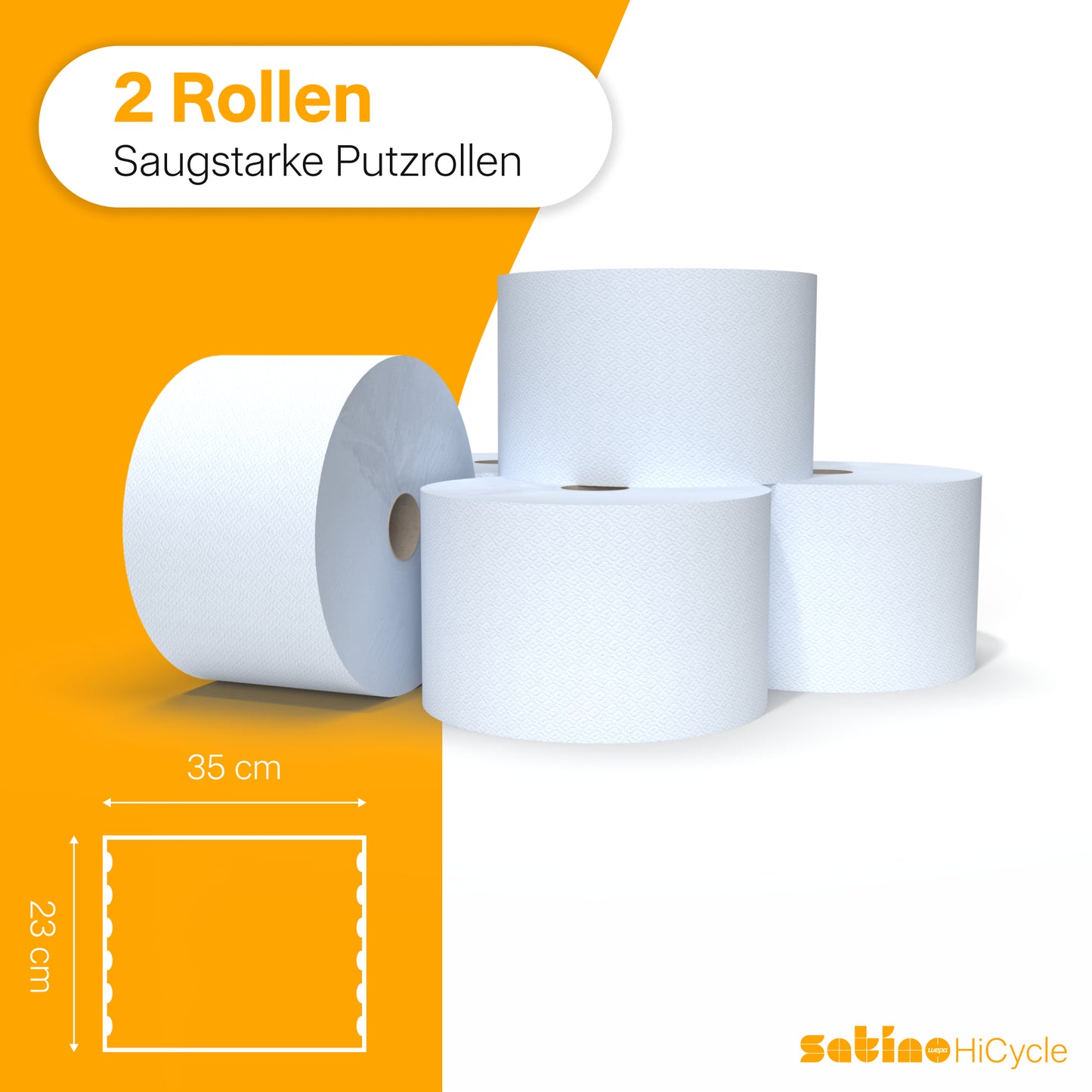 HiCycle Putzrollen 3-lagig – 2 Rollen à 1.000 Blatt – 23 × 35 cm