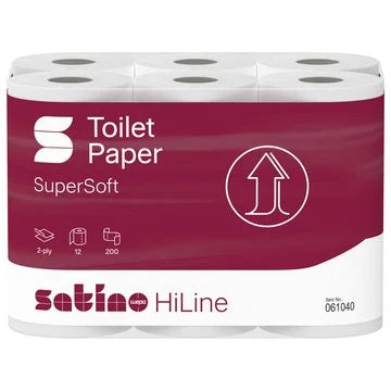 HiLine Toilettenpapier 2-lagig – 96 Rollen à 200 Blatt (8 Beutel à 12 Rollen) – Art. 061045